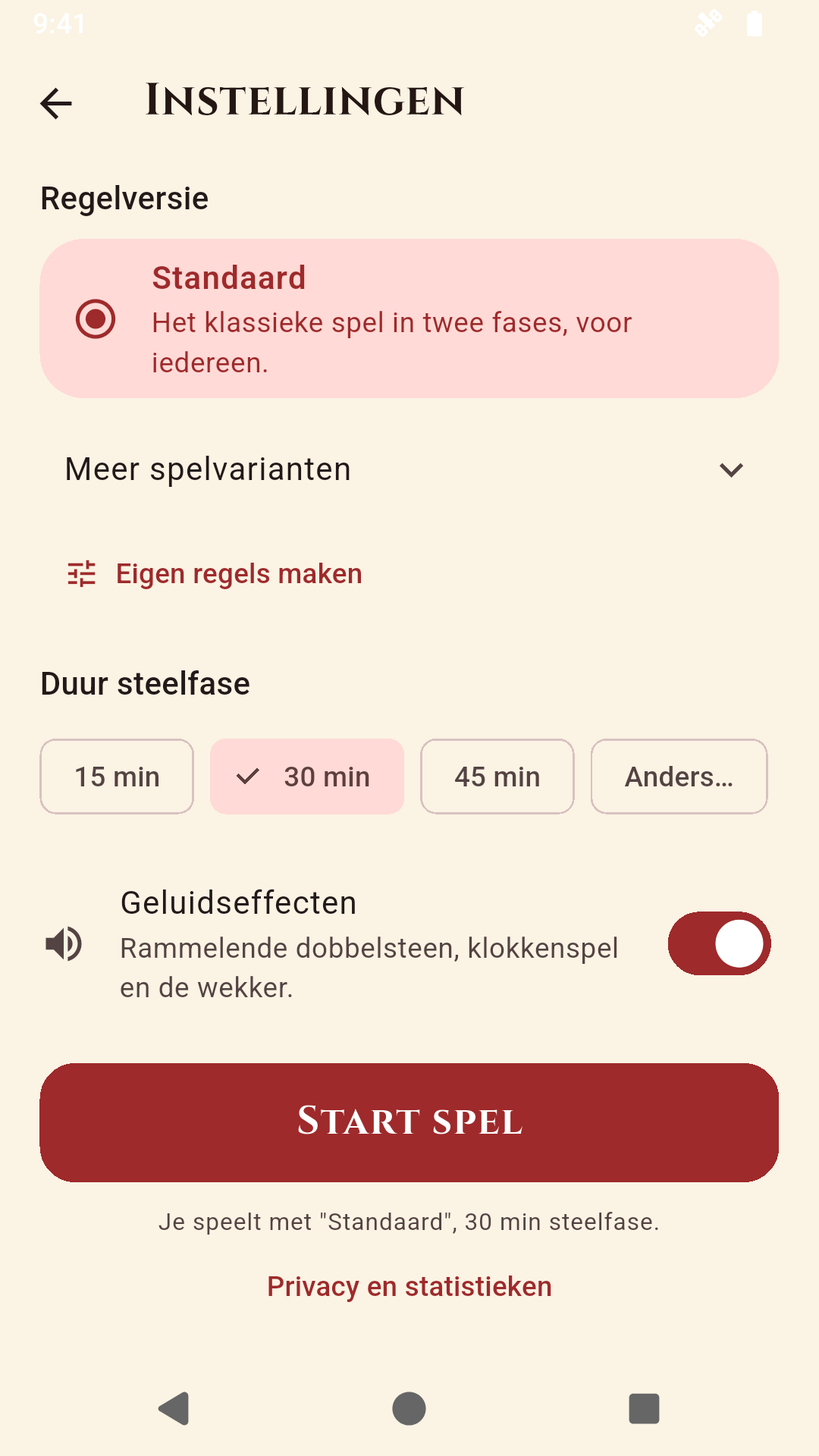 Instellingen met Standaard, Eigen regels maken, de duur van de steelfase en de schakelaar voor geluidseffecten.