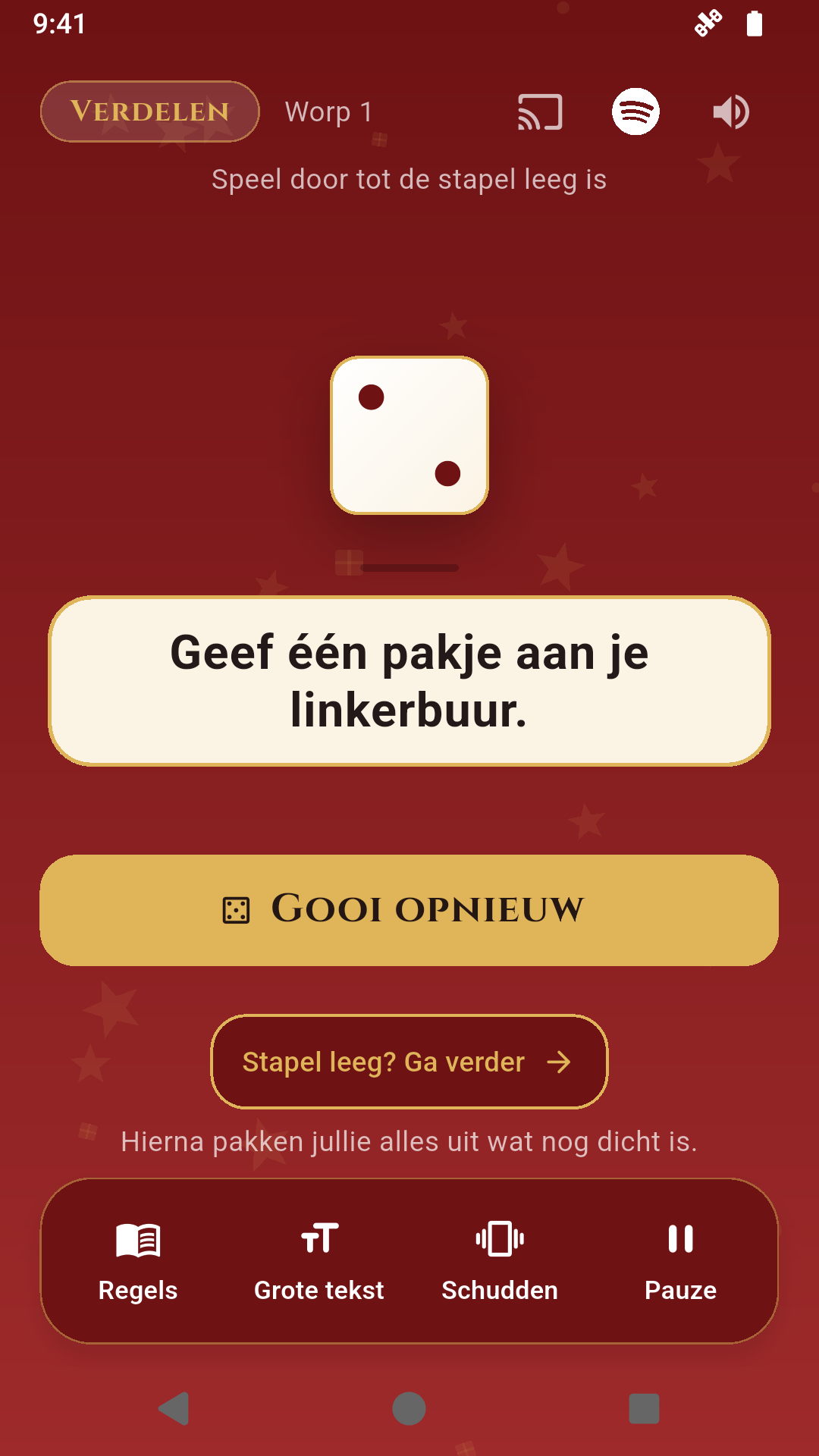 Dobbelspel in de fase Verdelen: een worp van twee met de opdracht Geef één pakje aan je linkerbuur.